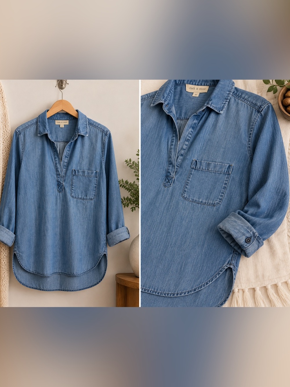 Cloth & Stone Chambray Pullover Tunic Shirt Size M Blue Collared Long Sleeve - Picture 4 of 5